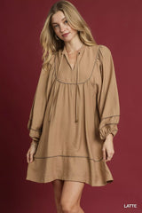 Umgee Boho Peasant Mini Dress with Trim Detail LATTE OutfitFlow