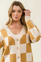 BiBi Checked V-neck Cardigan IVORY CAMEL OutfitFlow