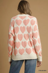 Umgee Mix Heart Pattern Pearl Accent Sweater OutfitFlow