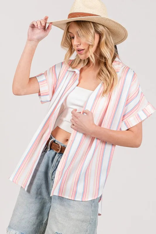 SAGE+FIG Full Size Multi Stripe Button Down Short Sleeve Shirt Plus Size OutfitFlow