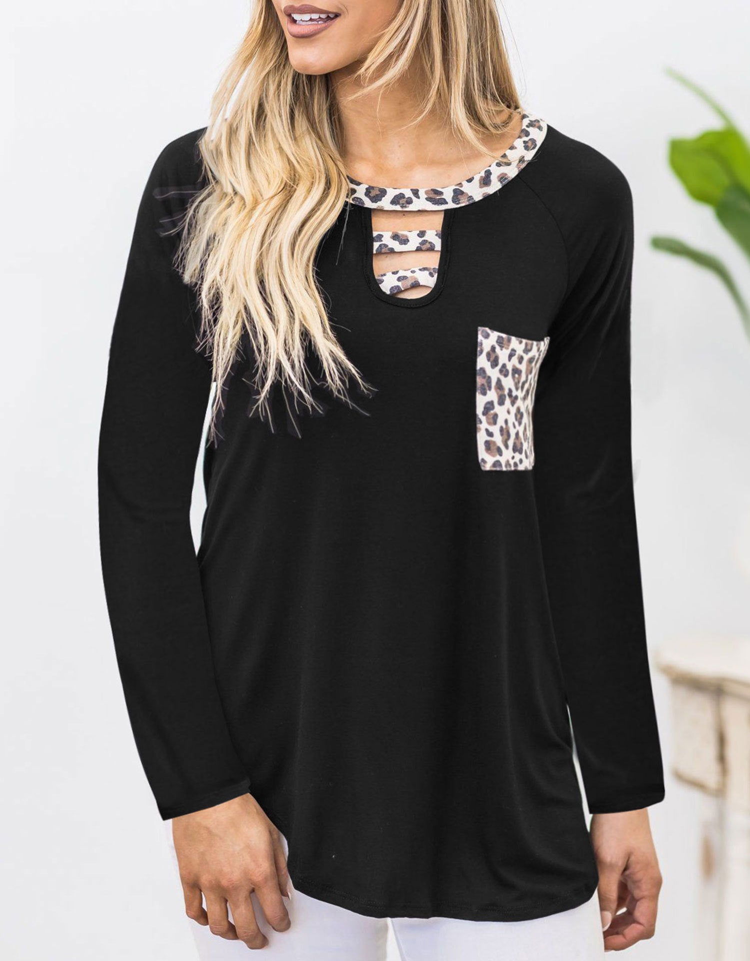 Outfit Flow - Cutout Leopard Round Neck Long Sleeve T-Shirt