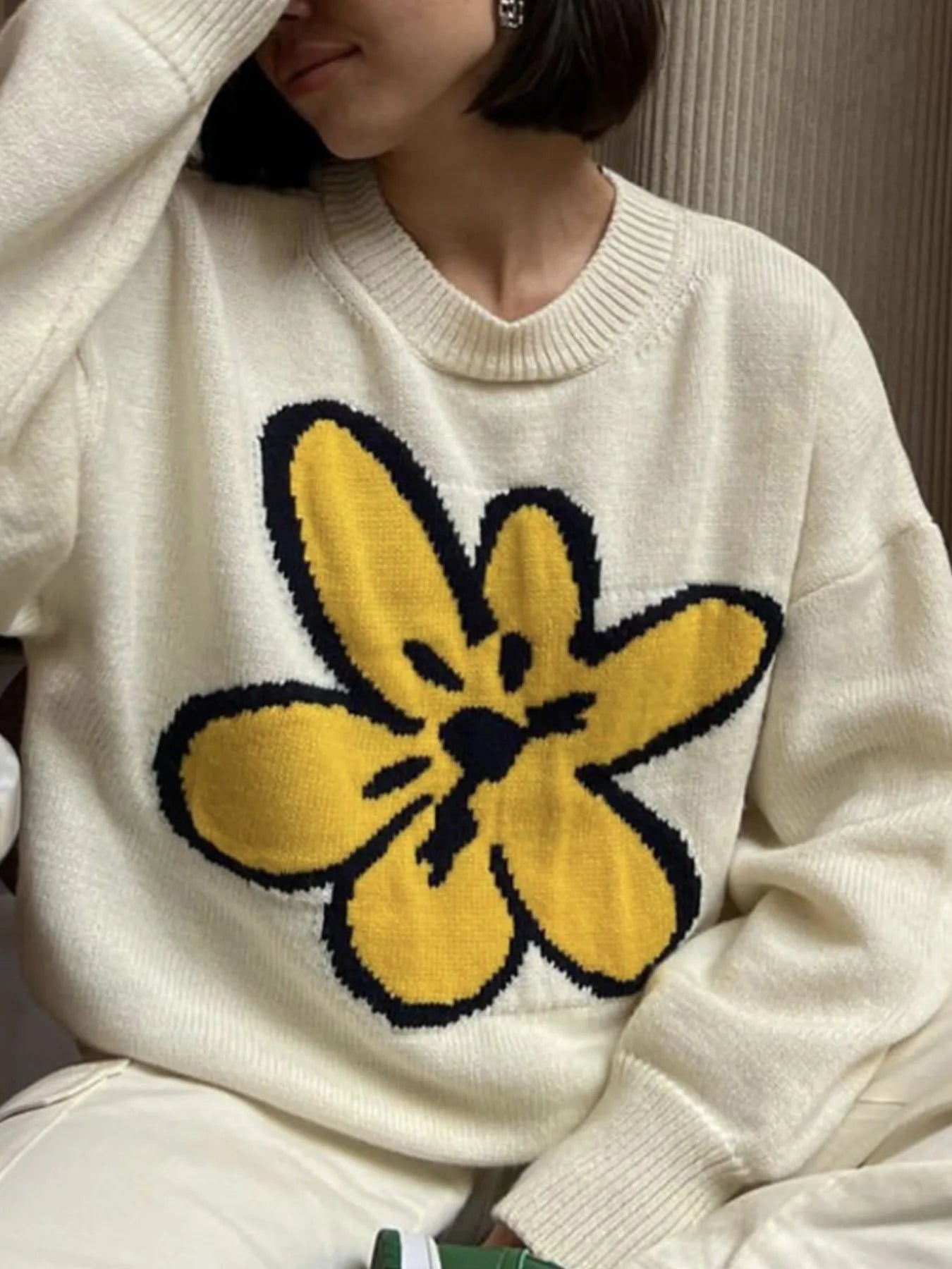 Flower Ribbed Hem Round Neck Sweater OutfitFlow