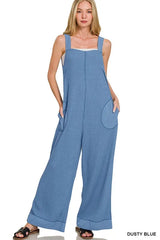Zenana Knit Waffle Wide Leg Overalls DUSTY BLUE OutfitFlow