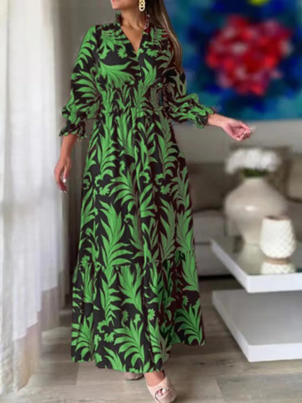 Printed Flounce Sleeve Maxi Dress Green OutfitFlow