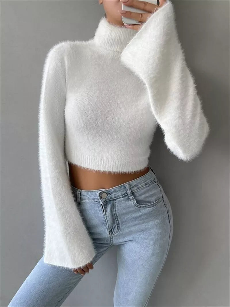 Fluffy Knit Turtleneck Bell Sleeve Cropped Sweater White OutfitFlow