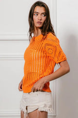 BiBi Crochet Knit Cover Up With Puff Sleeves OutfitFlow