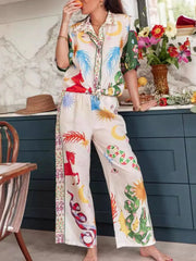 Printed Half Sleeve Shirt and Pants Set Multicolor OutfitFlow