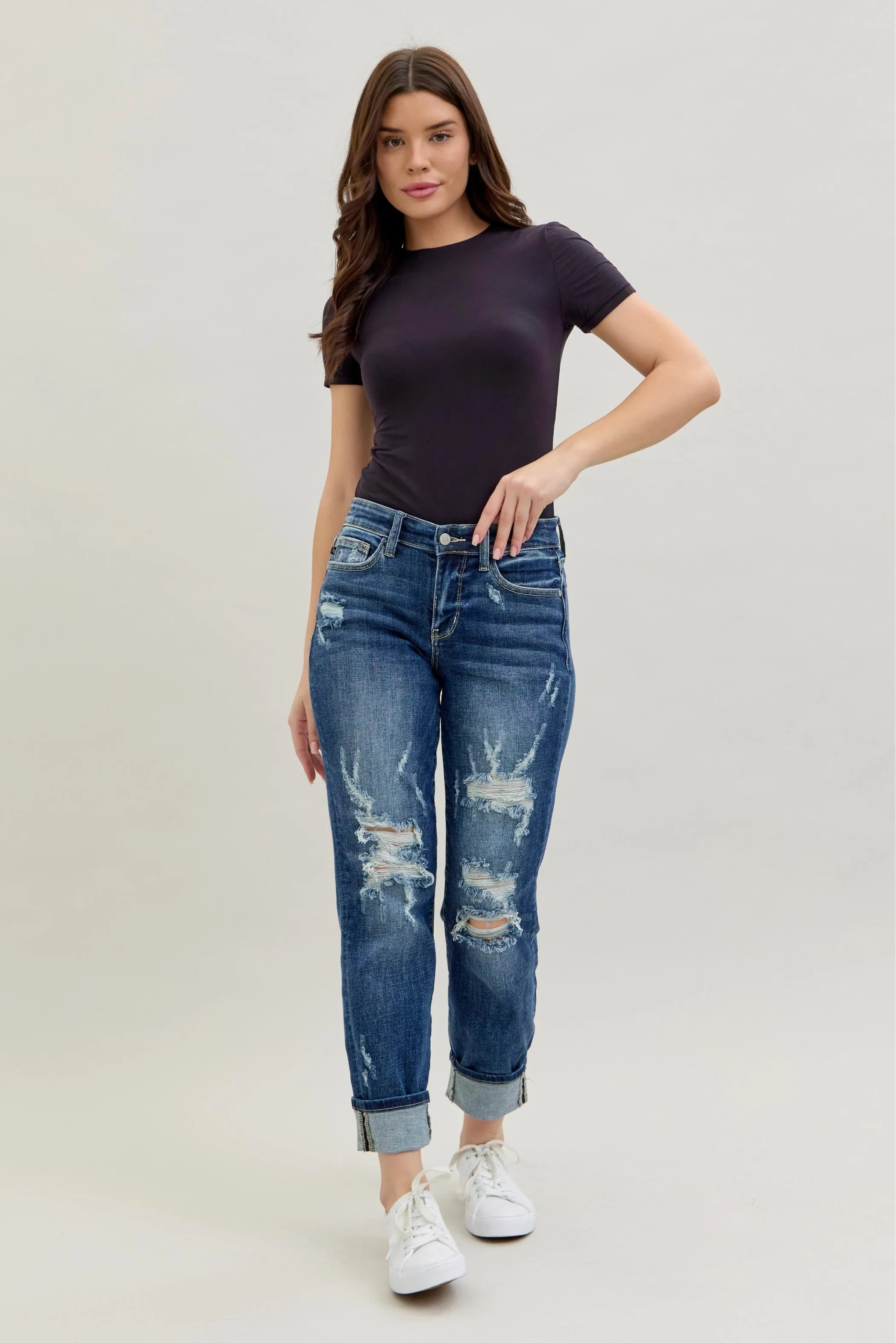 Judy Blue Full Size Mid Rise Cuffed Destroy Bf Jeans Plus Size OutfitFlow