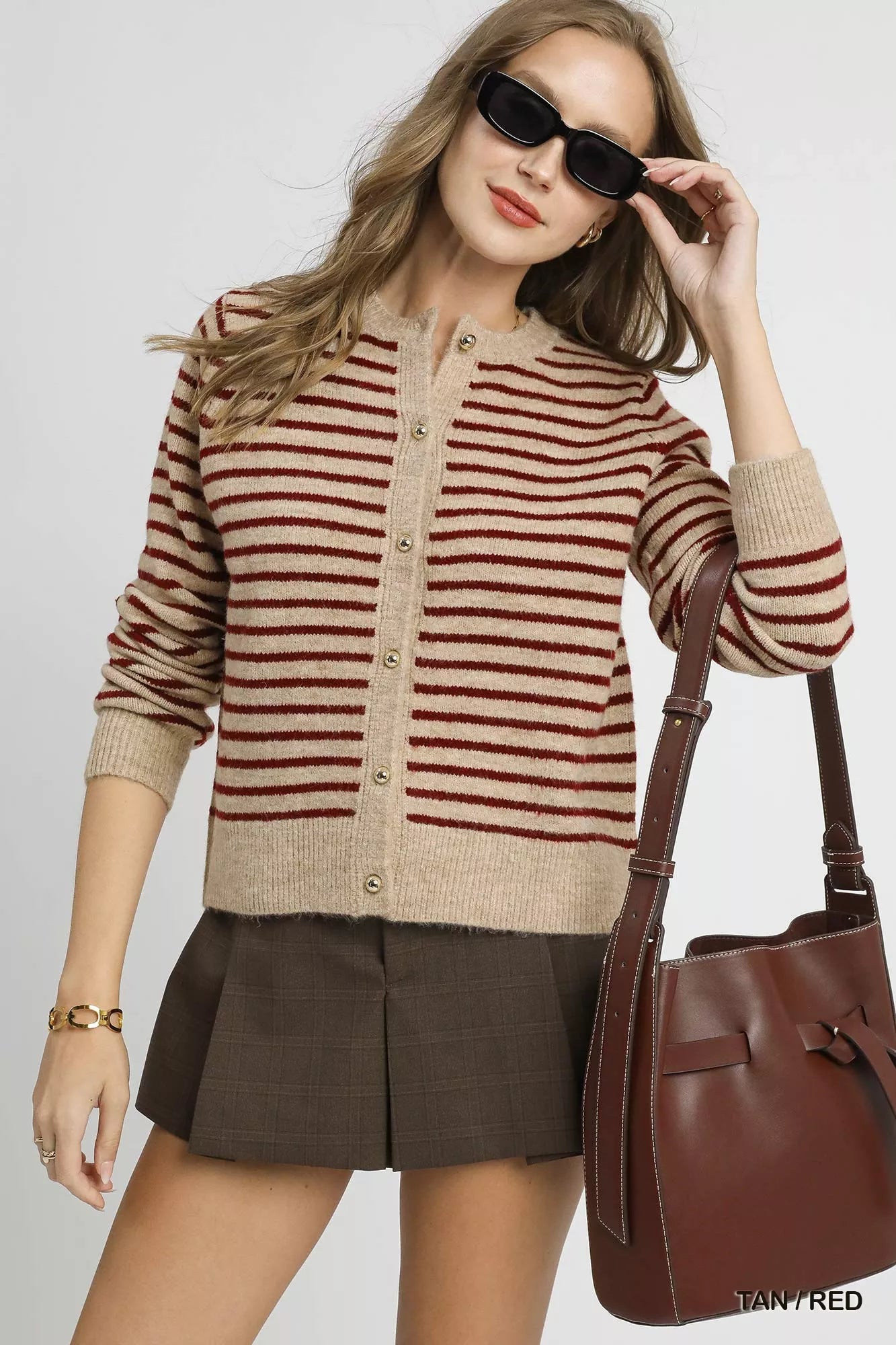 Umgee Striped Button-Up Knit Cardigan OutfitFlow
