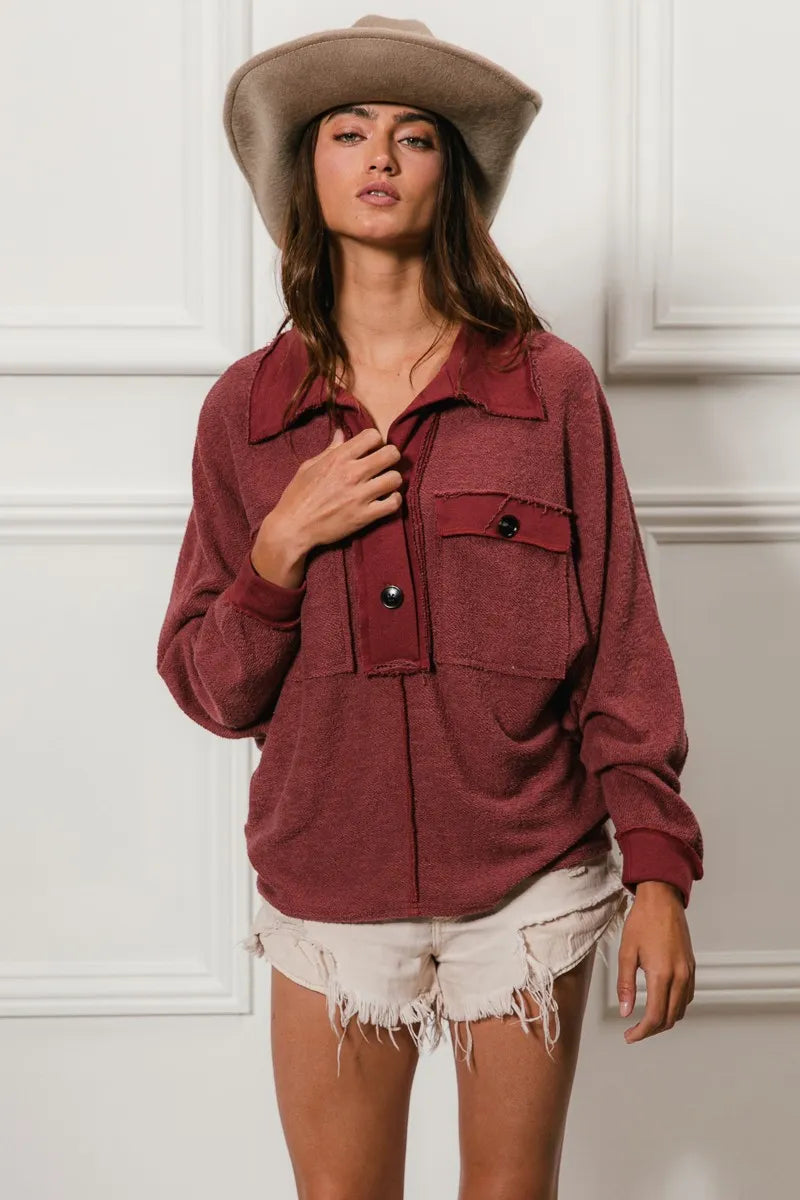 BiBi Cp French Terry Cut Edge Detail Collared Top OutfitFlow