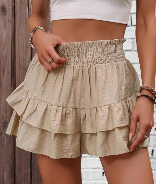 Ruffle Layered High Waist Casual Skort Khaki OutfitFlow