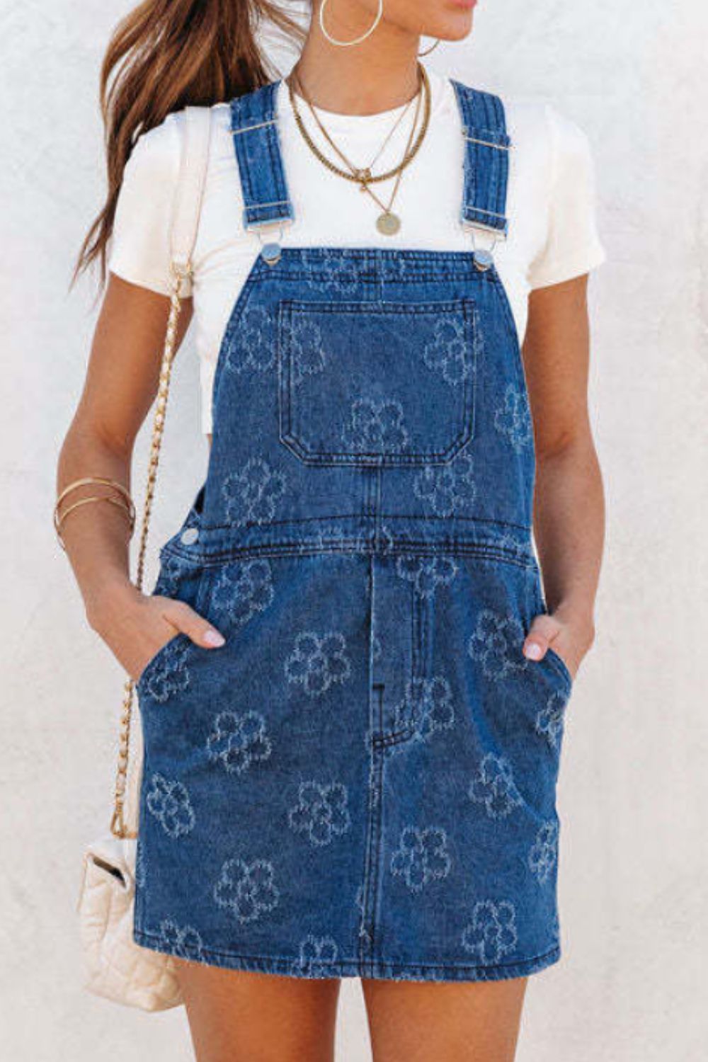 Flower Print Square Neck Denim Overall Dress OutfitFlow