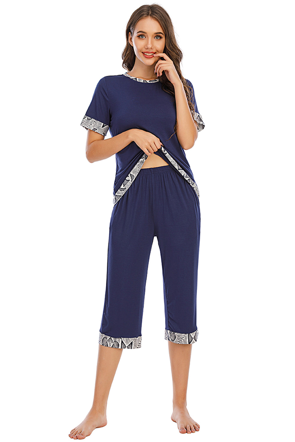 Outfit Flow - Round Neck Short Sleeve Top and Capris Pants Lounge Set