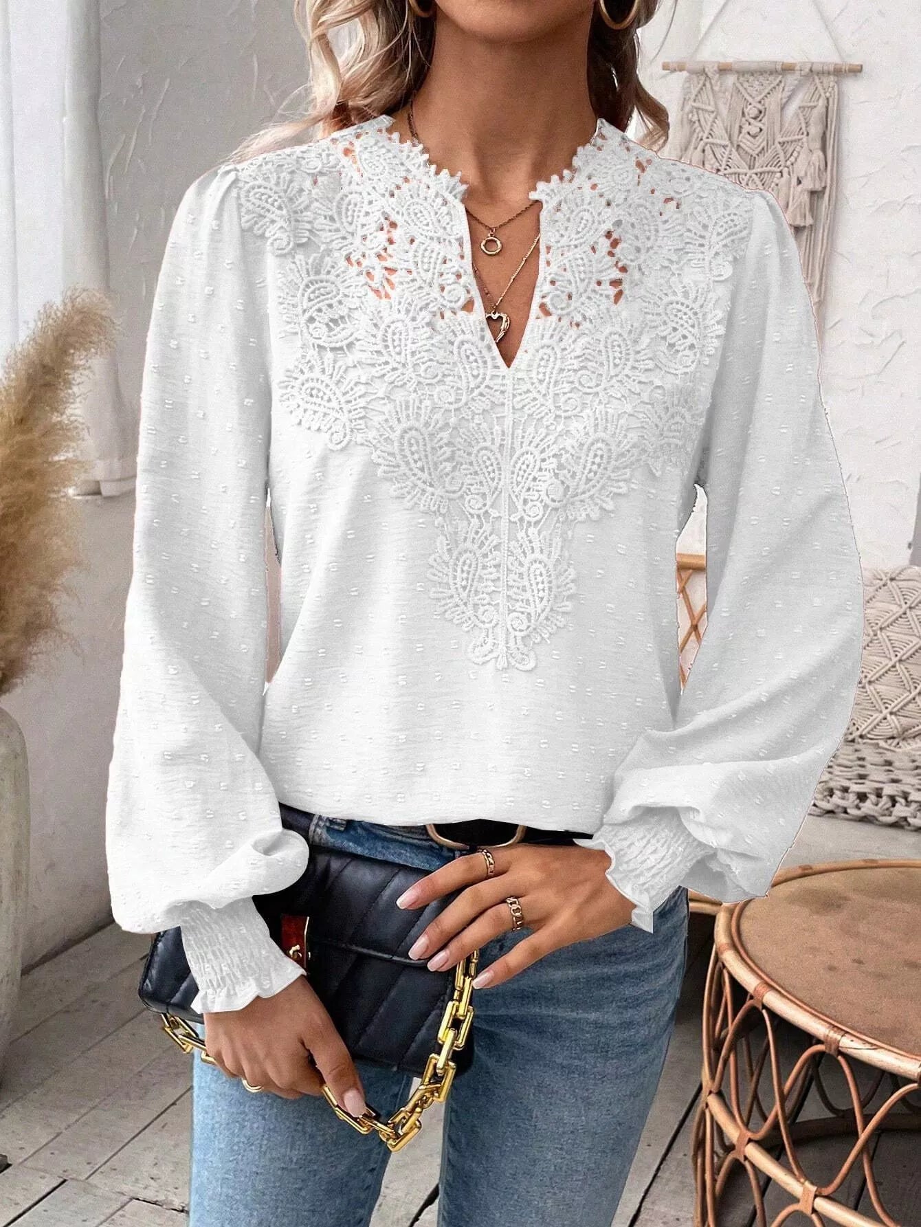 Lace Trim Long Sleeve Blouse OutfitFlow