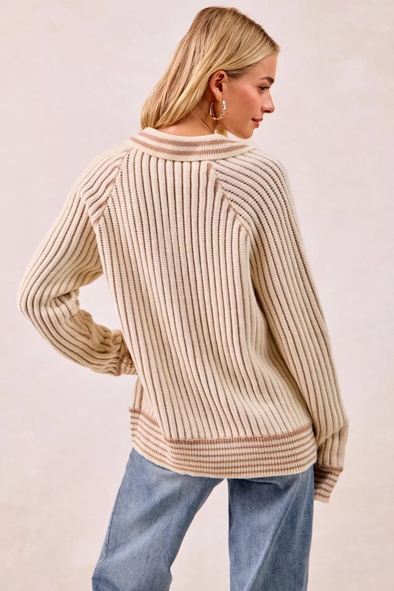 BiBi Half Button Ribbed Two Tone Sweater OutfitFlow