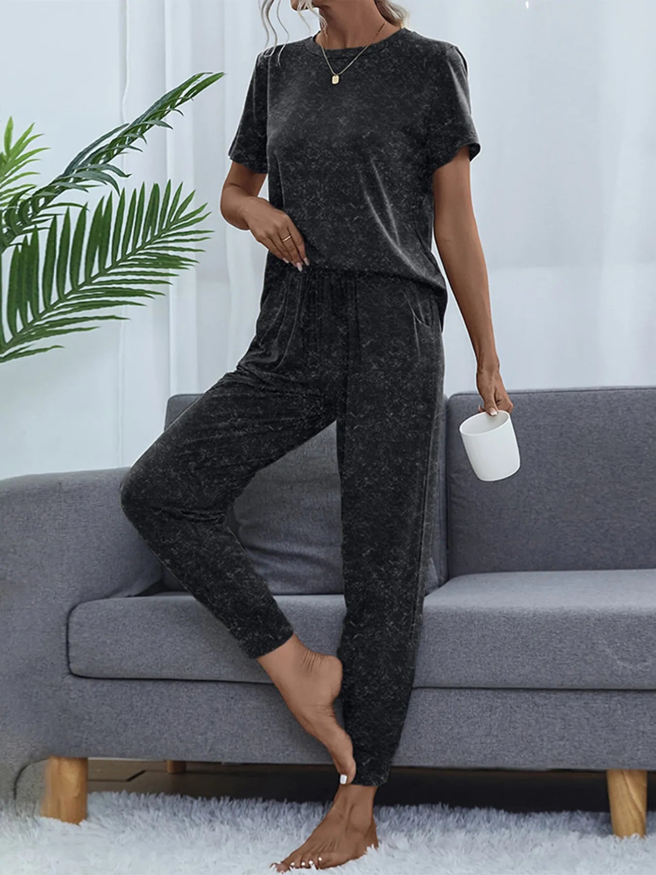 Round Neck Short Sleeve Top and Pants Lounge Set OutfitFlow