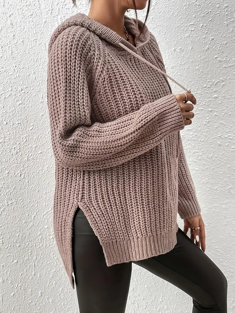 Outfit Flow - High-Low Side Slit Drawstring Long Sleeve Hooded Sweater