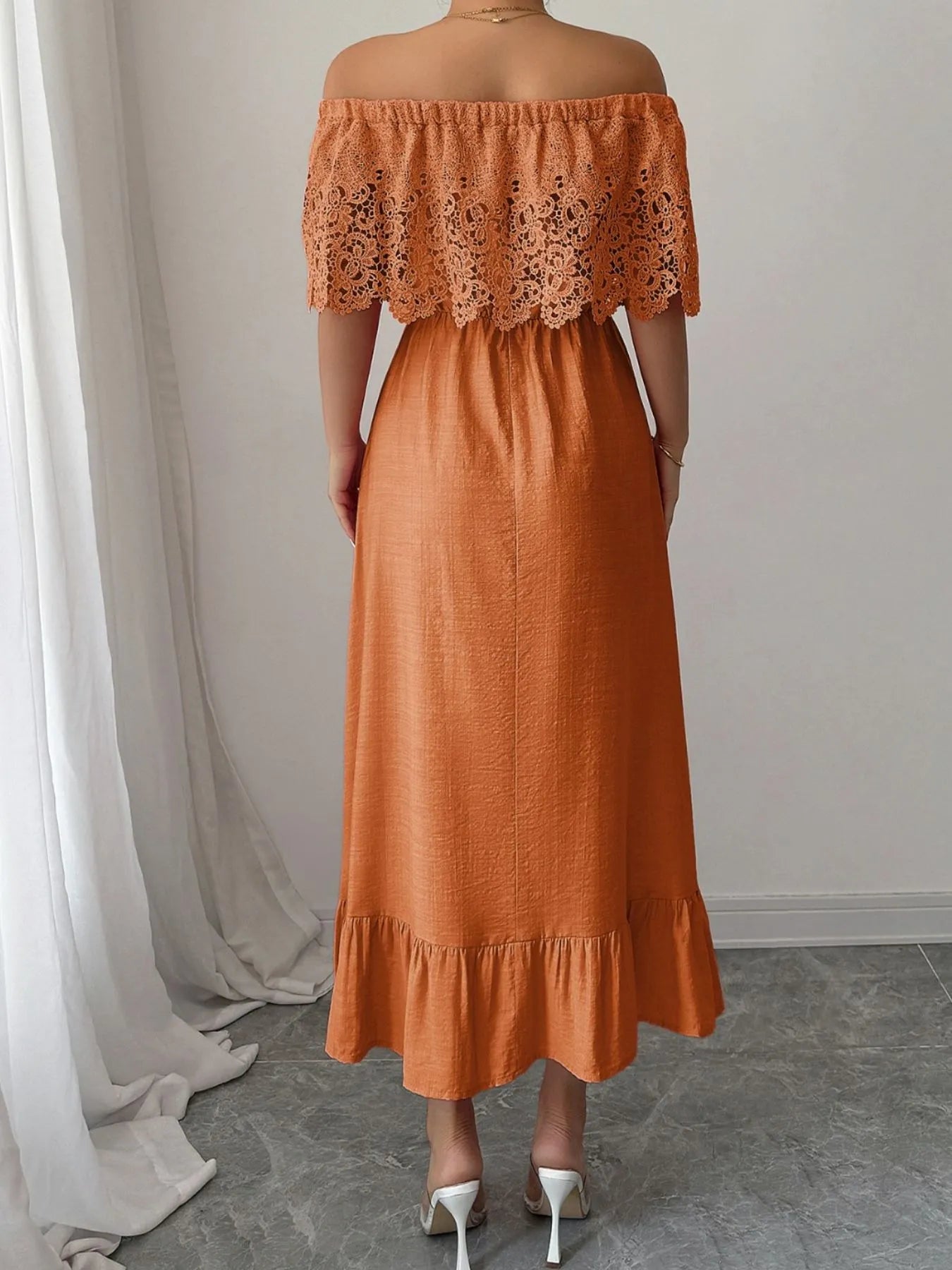 Off-Shoulder Lace Ruffle Midi Dress OutfitFlow