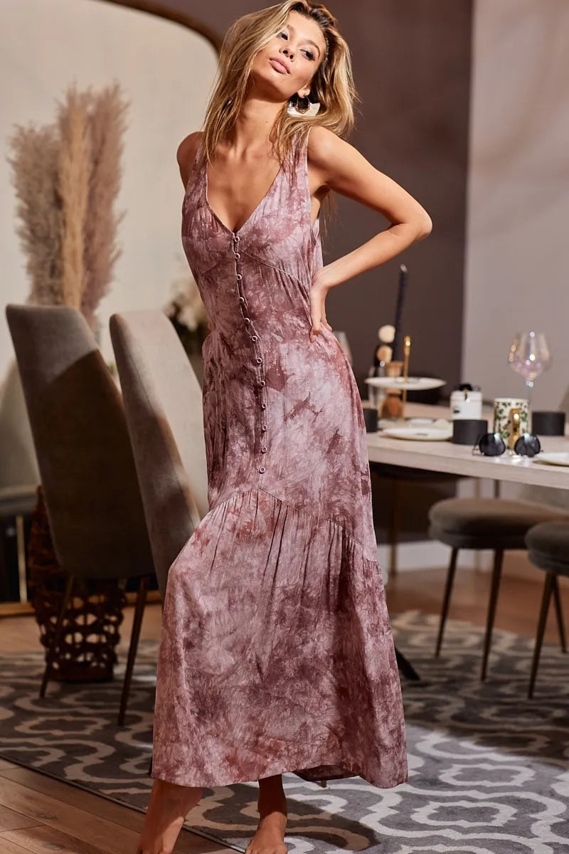BiBi Tie-Dye Sleeveless V-Neck Dress OutfitFlow