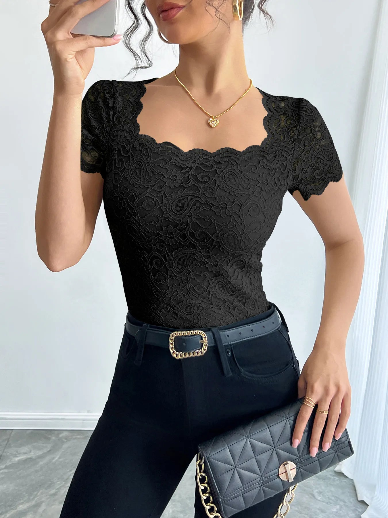 Floral Lace Square Neck T-Shirt OutfitFlow