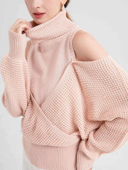 Waffle Knit Cold Shoulder Turtleneck Sweater Pink OutfitFlow