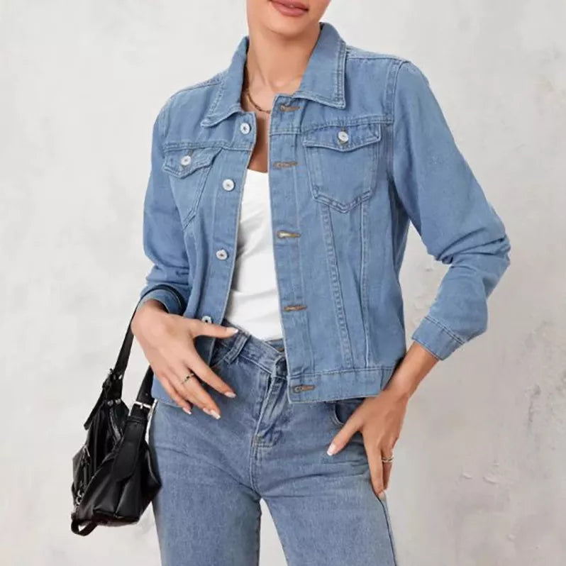 Button Up Long Sleeve Denim Jacket Light Blue OutfitFlow