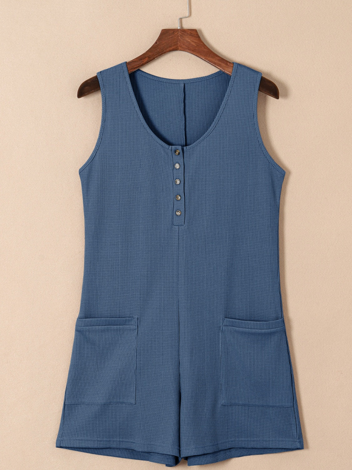 Outfit Flow - Waffle-Knit Half Button Sleeveless Romper with Pockets