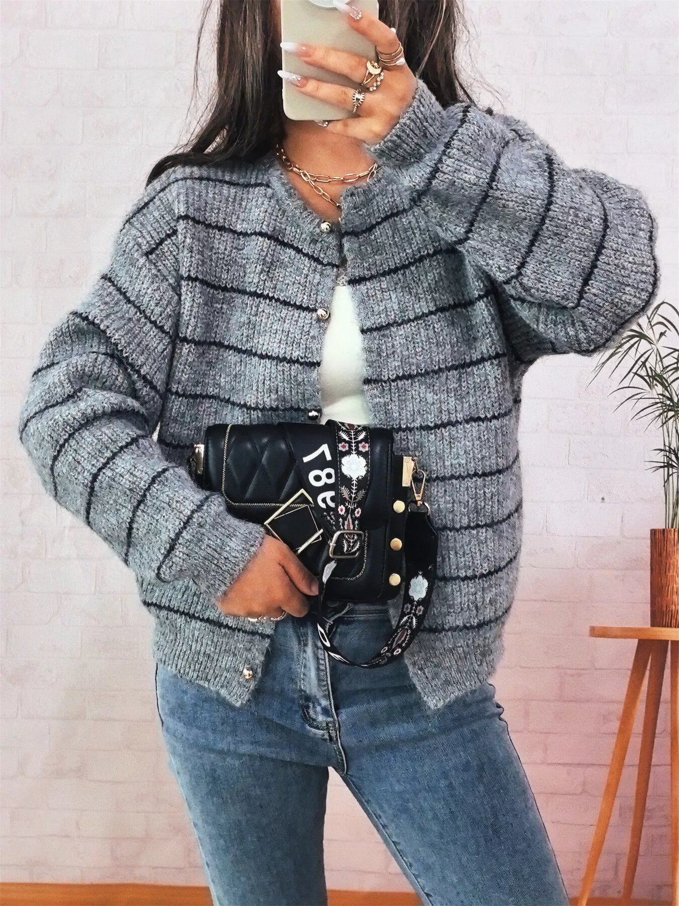 Striped Button Up Long Sleeve Cardigan OutfitFlow