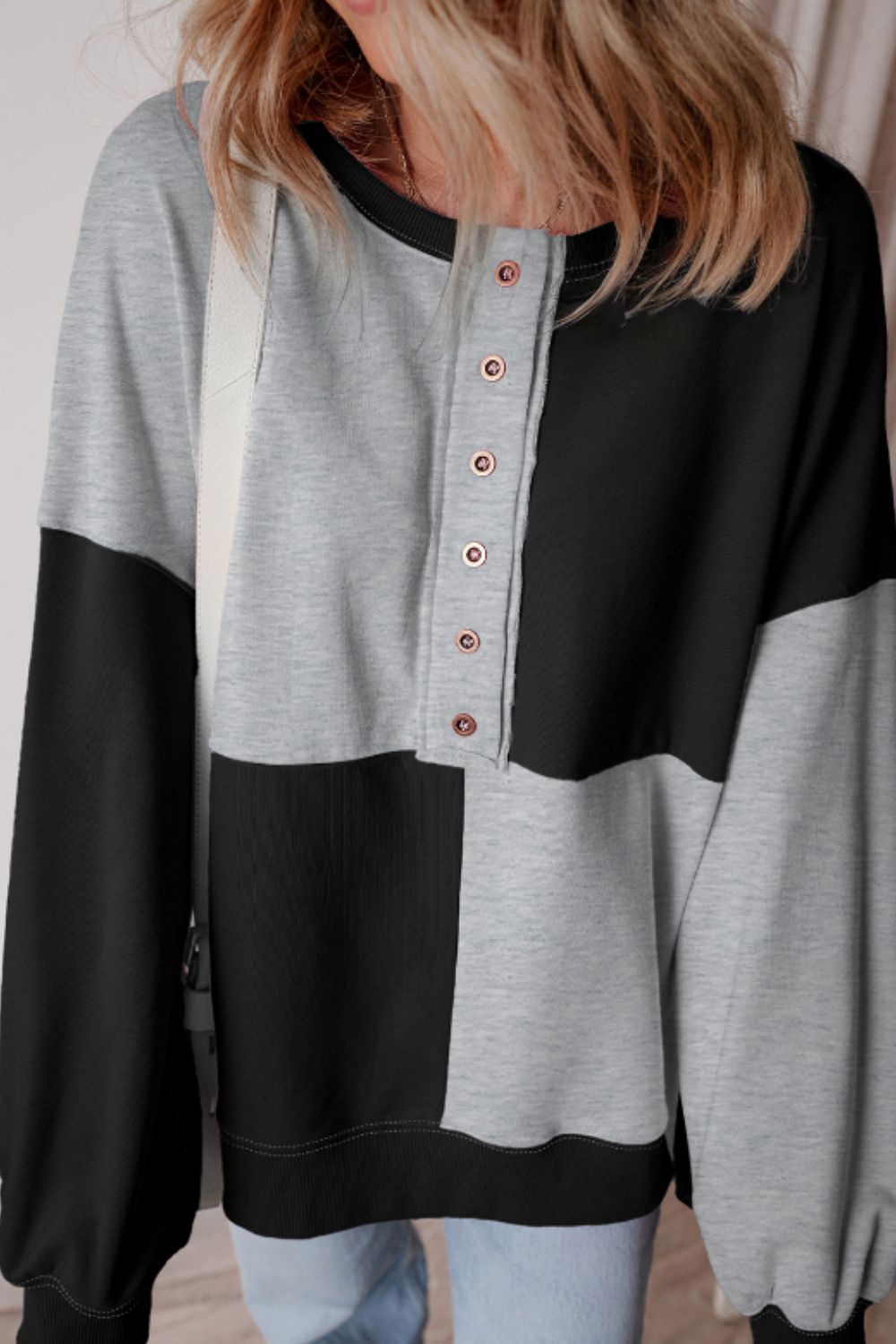 Outfit Flow - Color Block Half Button Long Sleeve Sweatshirt