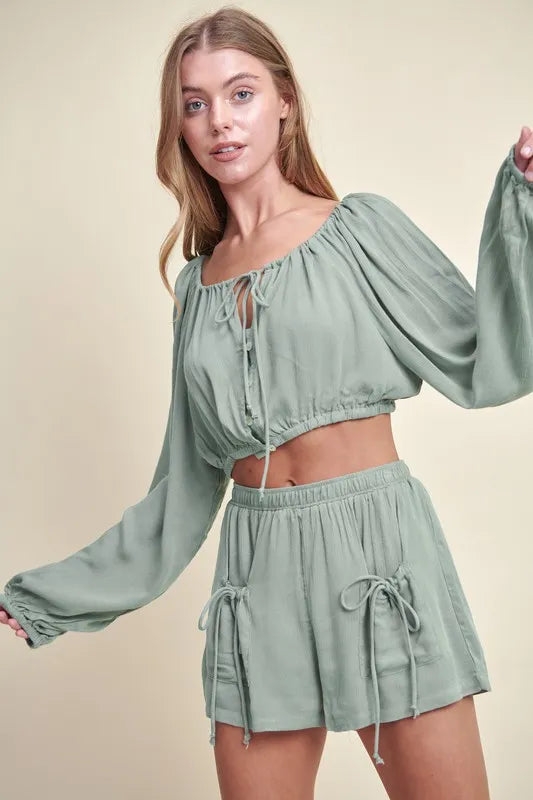 MABLE Gauze Long Sleeve Button Crop Top and Short Set OutfitFlow