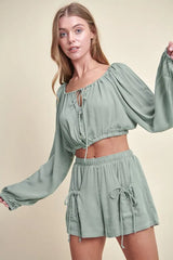 MABLE Gauze Long Sleeve Button Crop Top and Short Set OutfitFlow