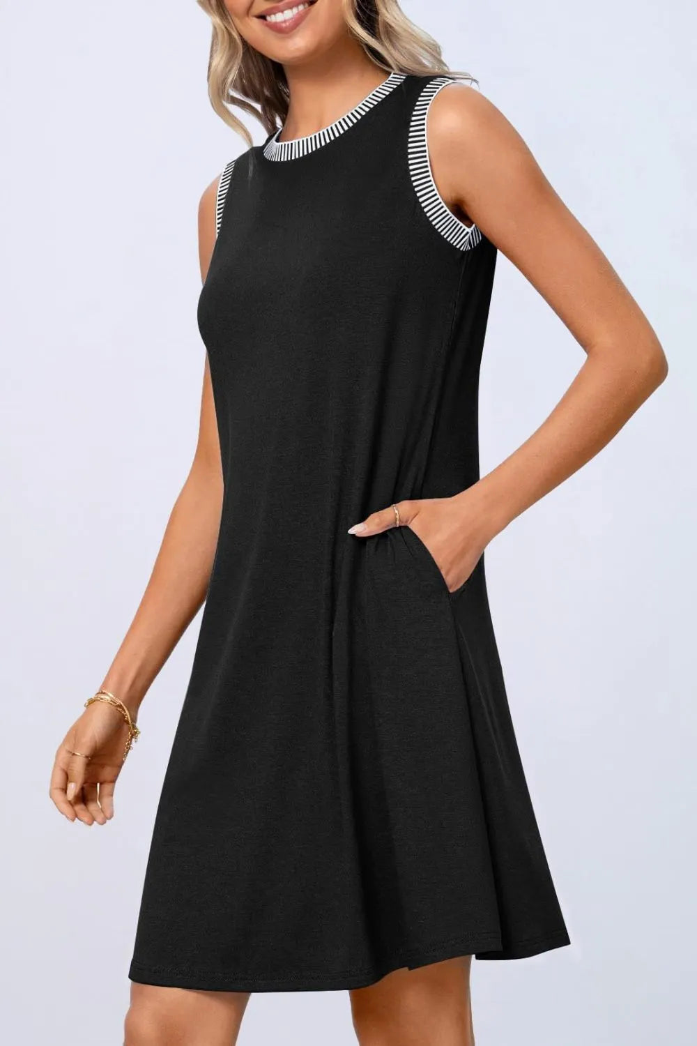 Round Neck Sleeveless Mini Tank Dress Black OutfitFlow