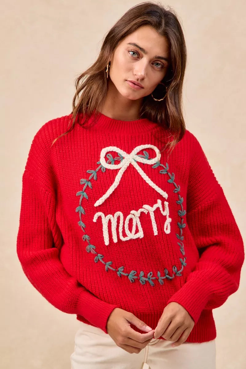 BiBi Christmas Wreath Merry Letter Knit Top OutfitFlow