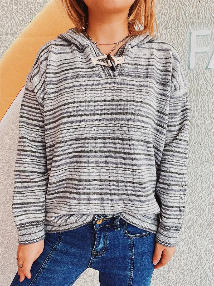 Striped Long Sleeve Hooded Sweater Dark Gray One Size Trendsi