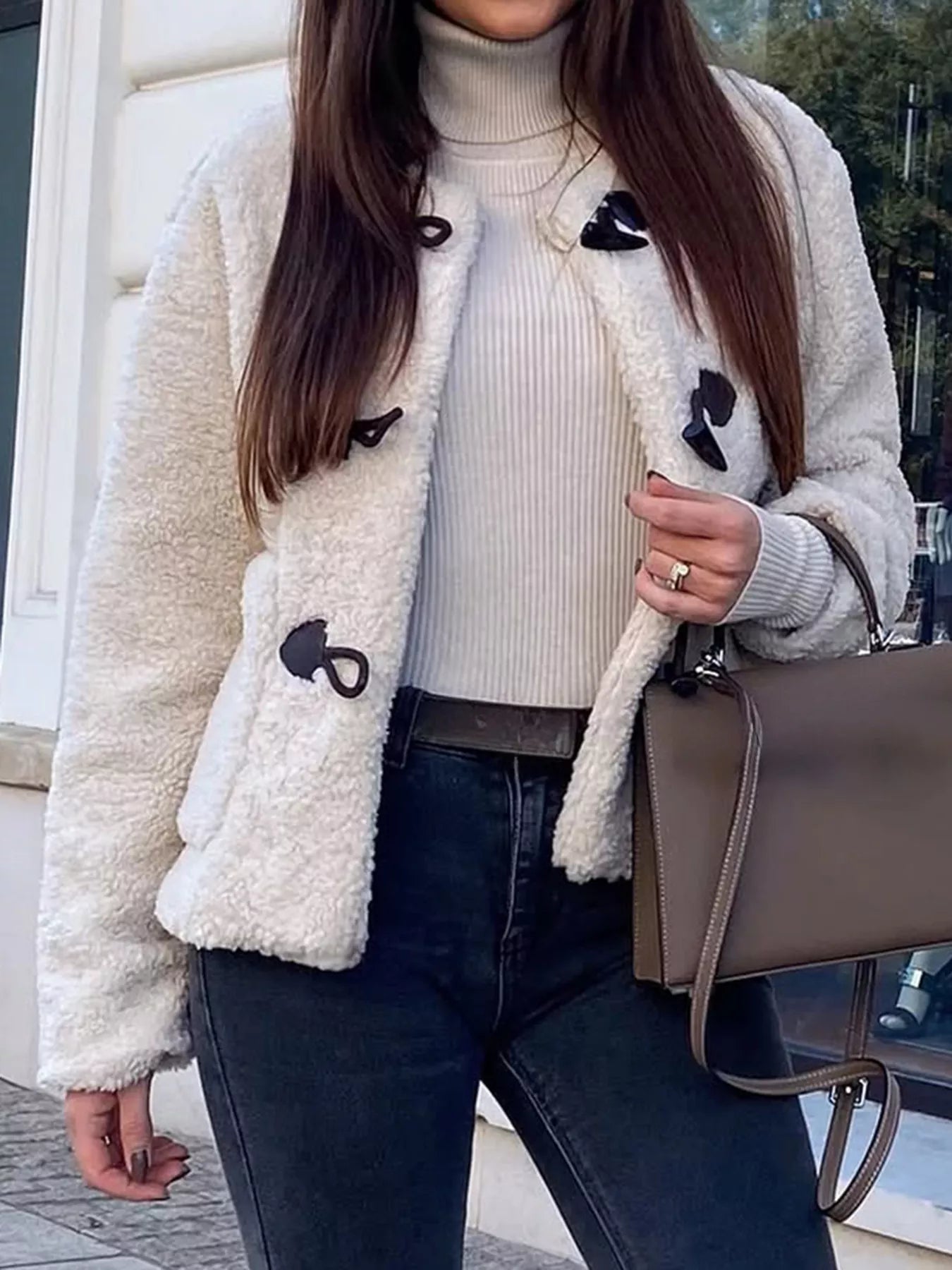 Sherpa Fleece Toggle Button Jacket Gray white OutfitFlow