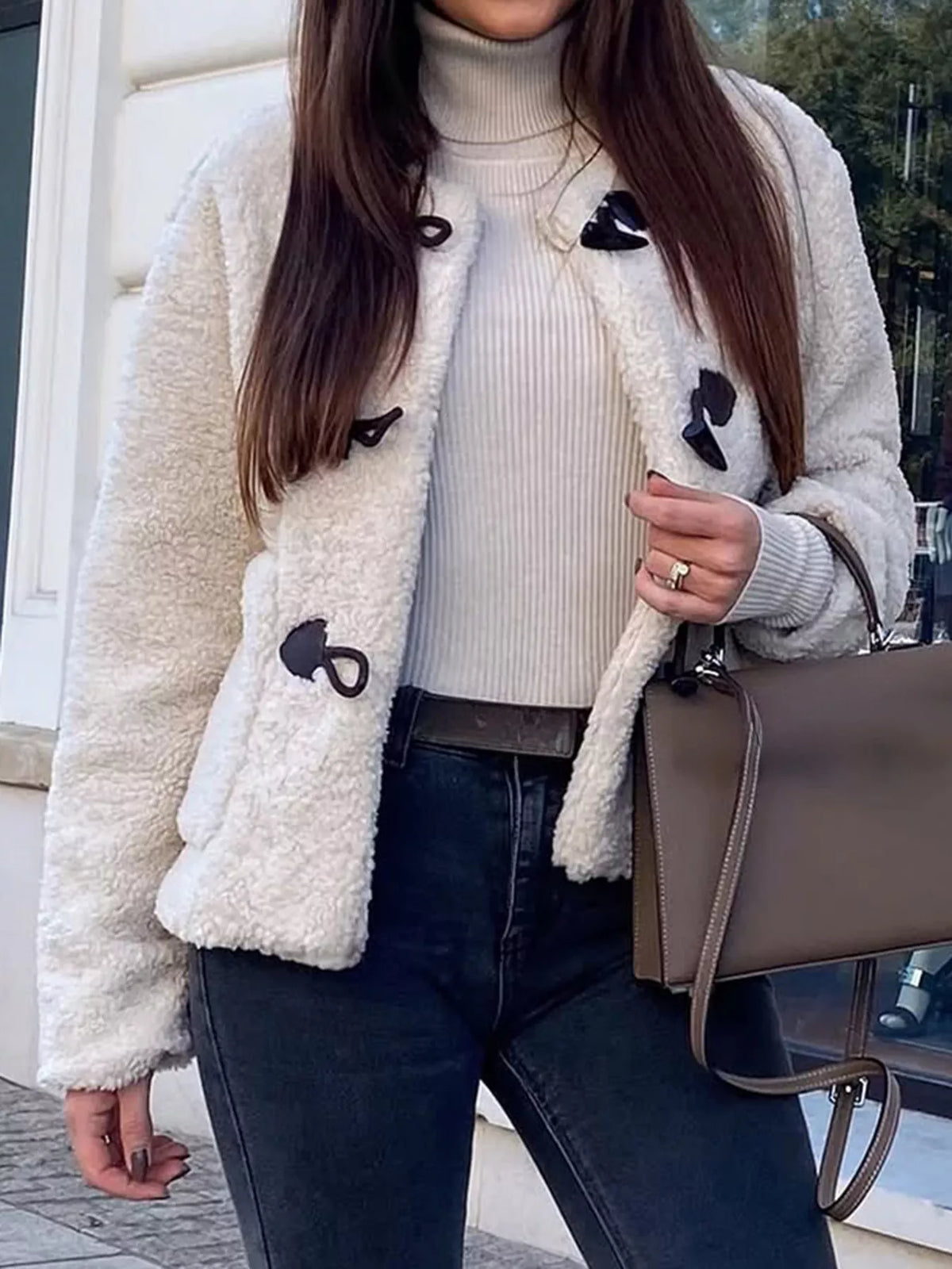 Sherpa Fleece Toggle Button Jacket Gray white OutfitFlow