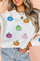 Pumpkin Round Neck Long Sleeve Sweatshirt OutfitFlow