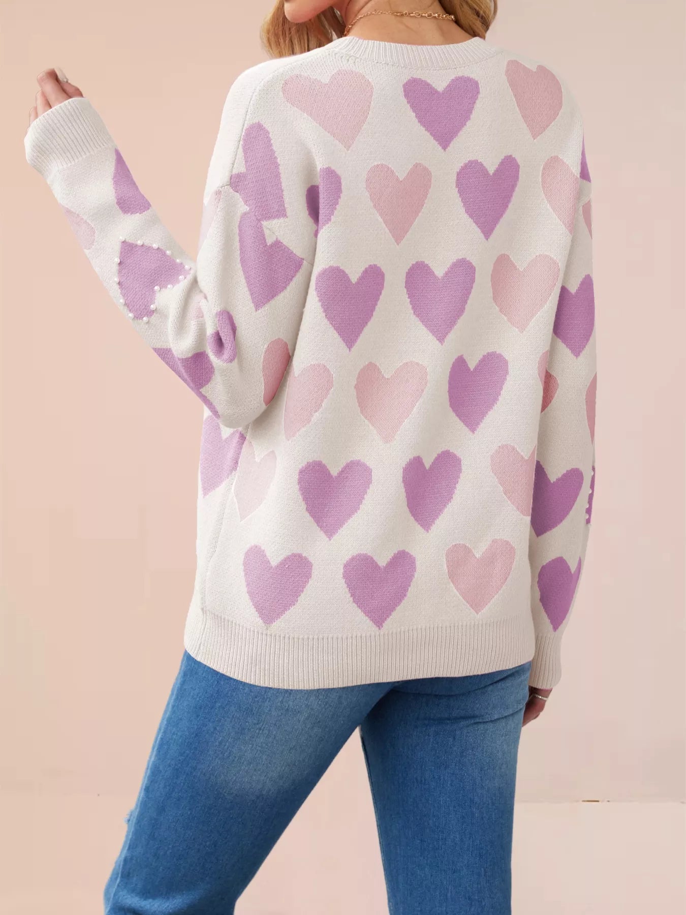 Heart Pattern Beaded Round Neck Sweater OutfitFlow