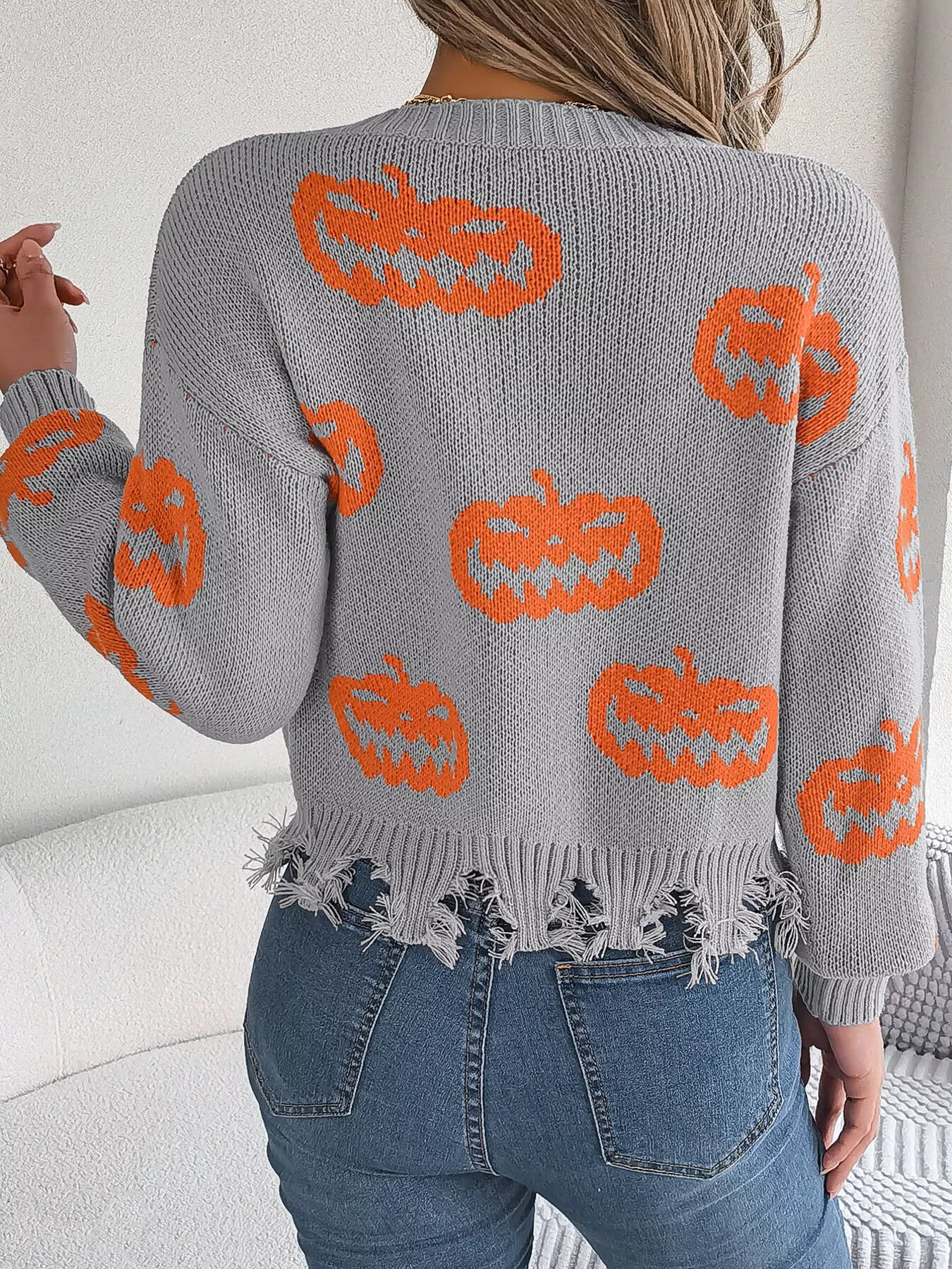 Halloween Pumpkin Pattern Raw Hem V-Neck Sweater OutfitFlow
