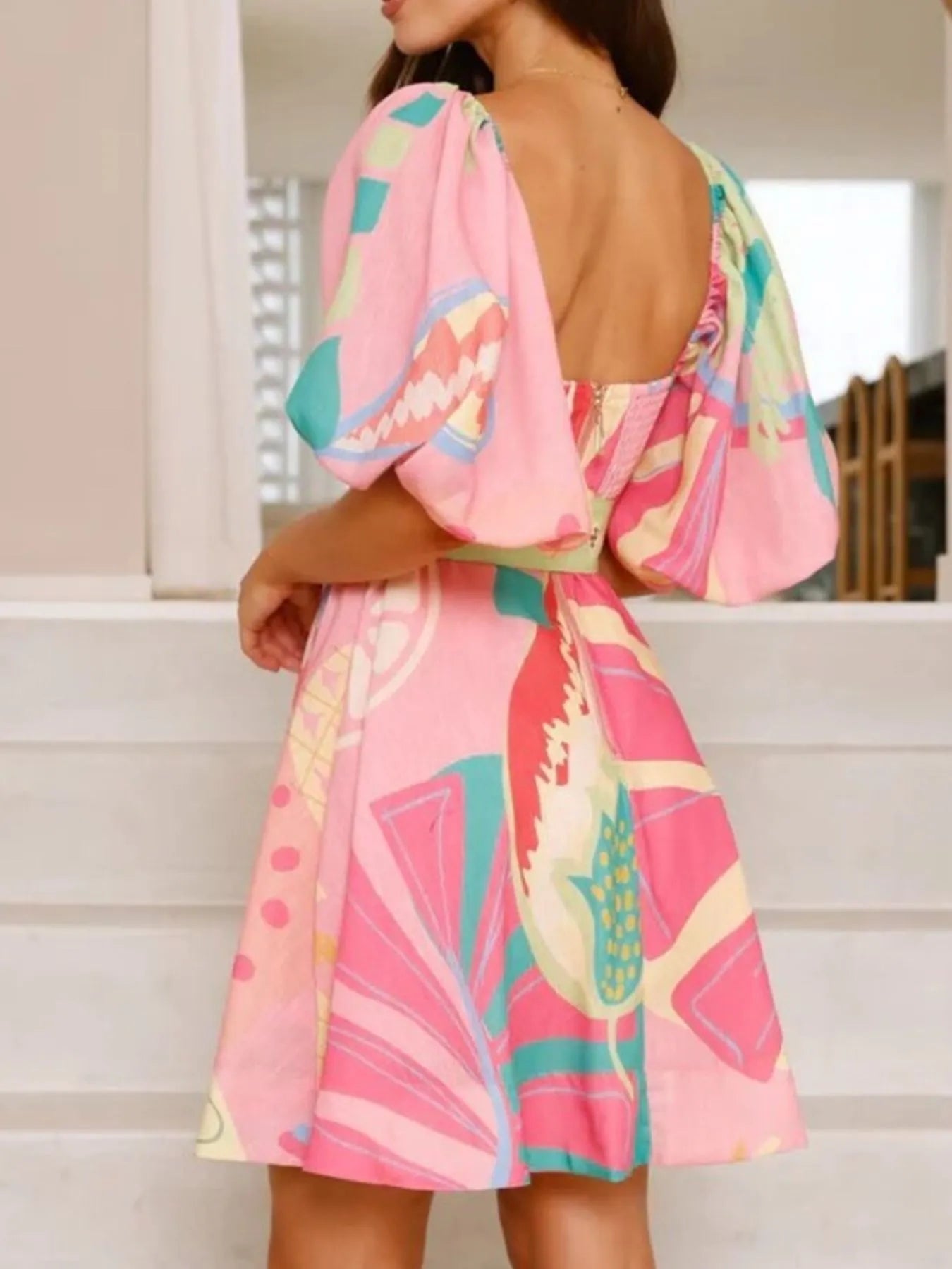 Printed Square Neck Puff Sleeve Dress OutfitFlow