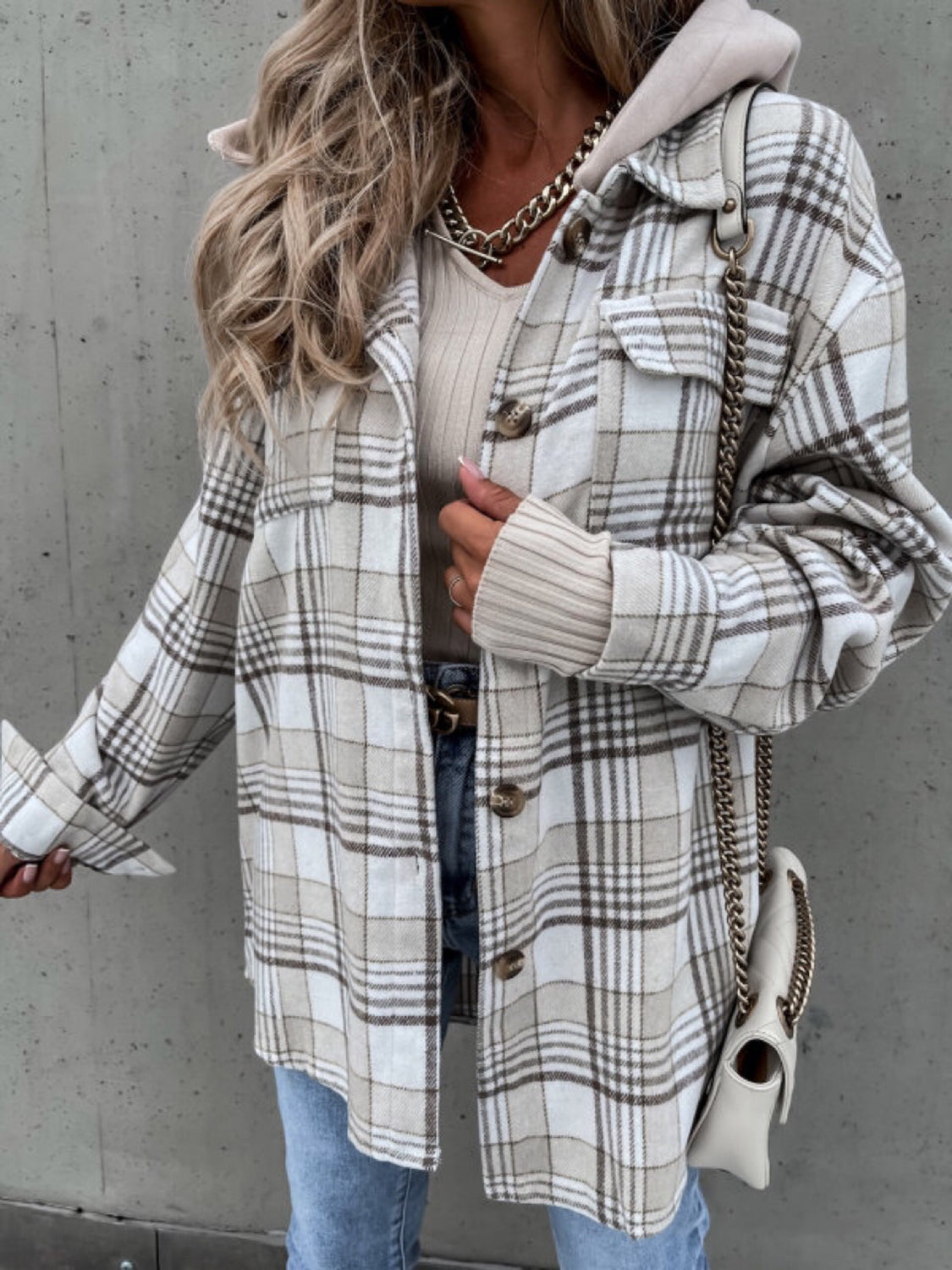 Outfit Flow - Plaid Button Up Jacket with Removable Hood