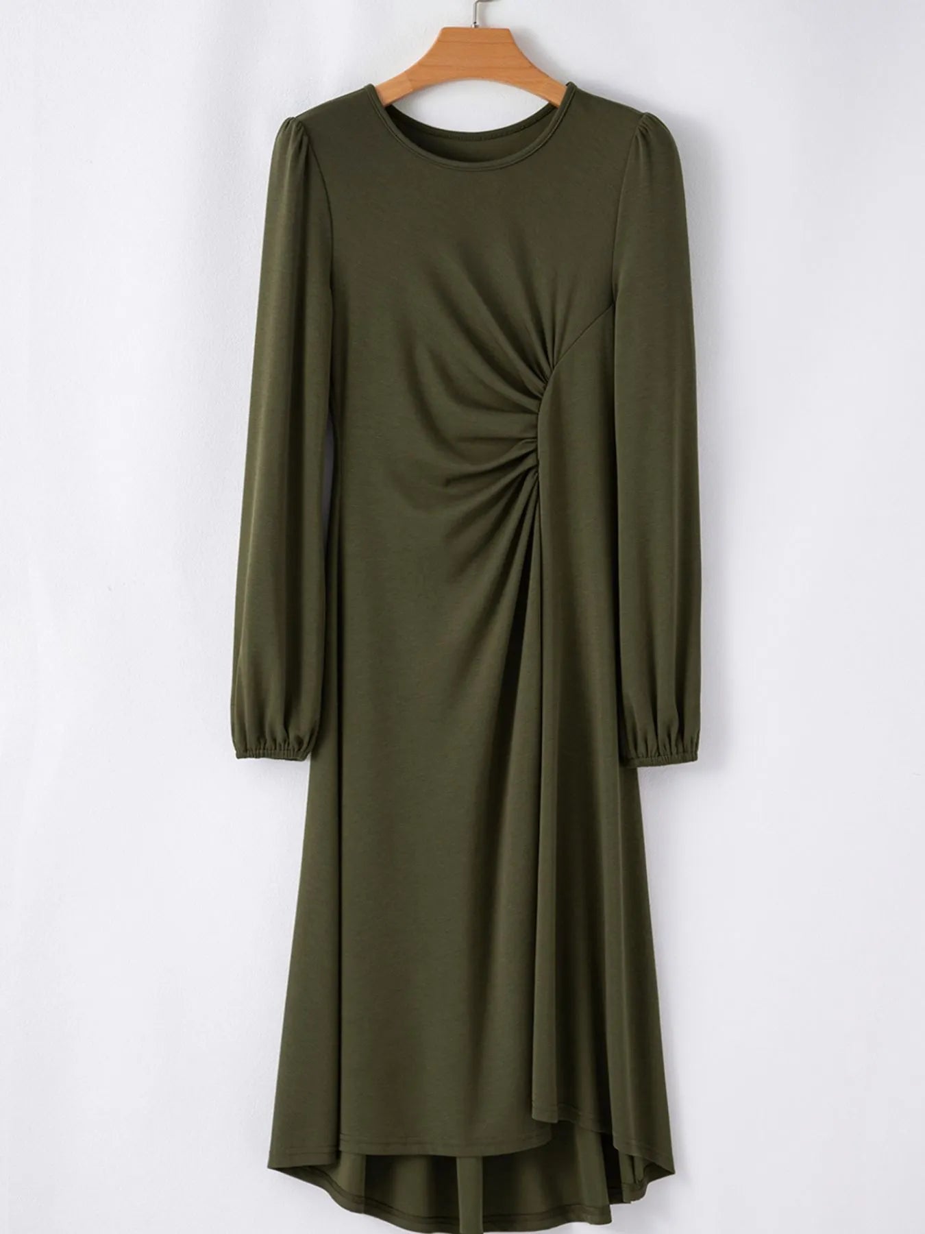 Solid Color Ruched Detail Long Sleeve Midi Dress OutfitFlow