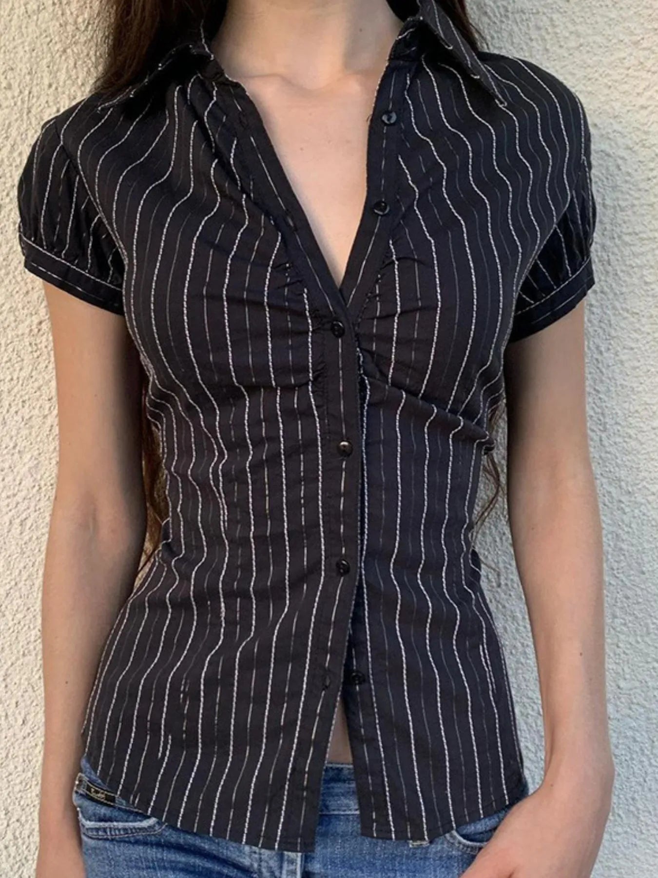 Striped Button-Down Collared Neck Shirt Black OutfitFlow