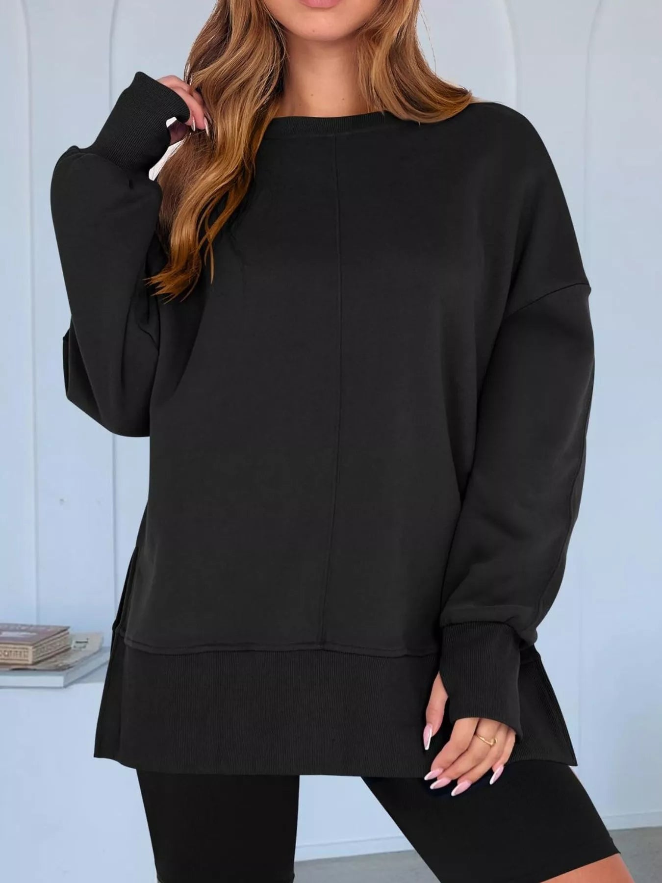 Side Slit Round Neck Long Sleeve Sweatshirt OutfitFlow