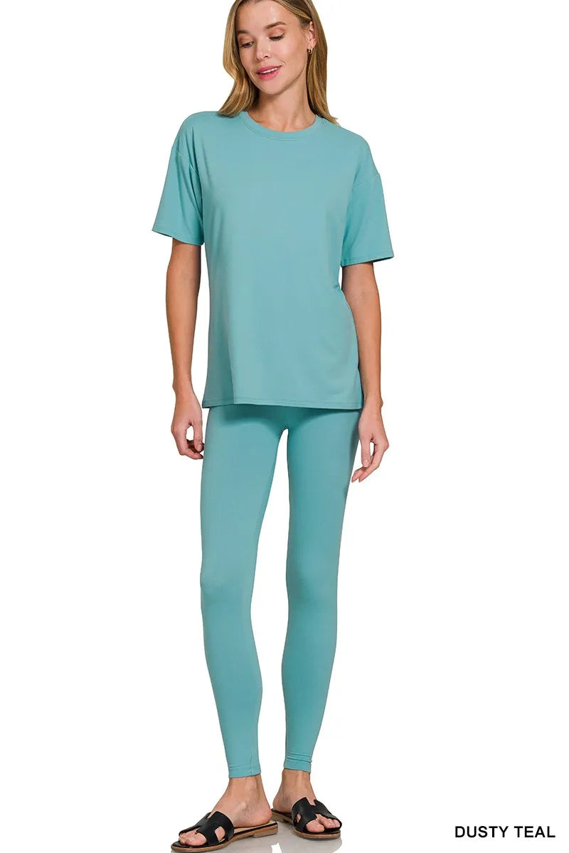 Zenana Brushed Dty Microfiber Short Sleeve Top and Pants Loungewear Set DUSTY TEAL OutfitFlow