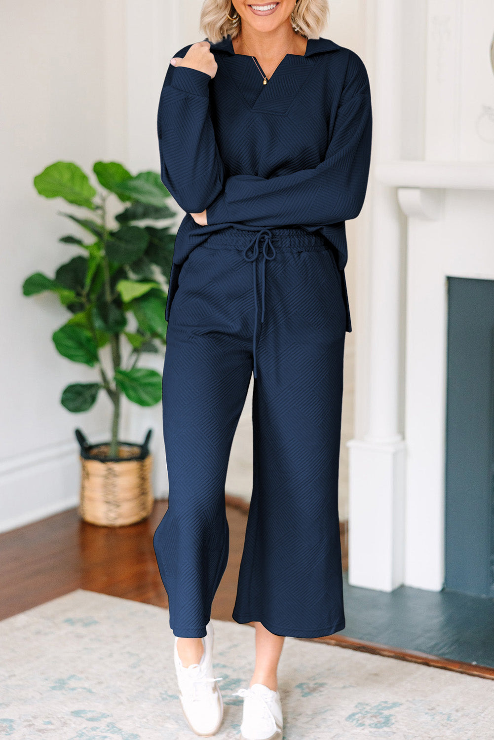 Outfit Flow - Textured Collared Neck Top and Wide Leg Pants Set