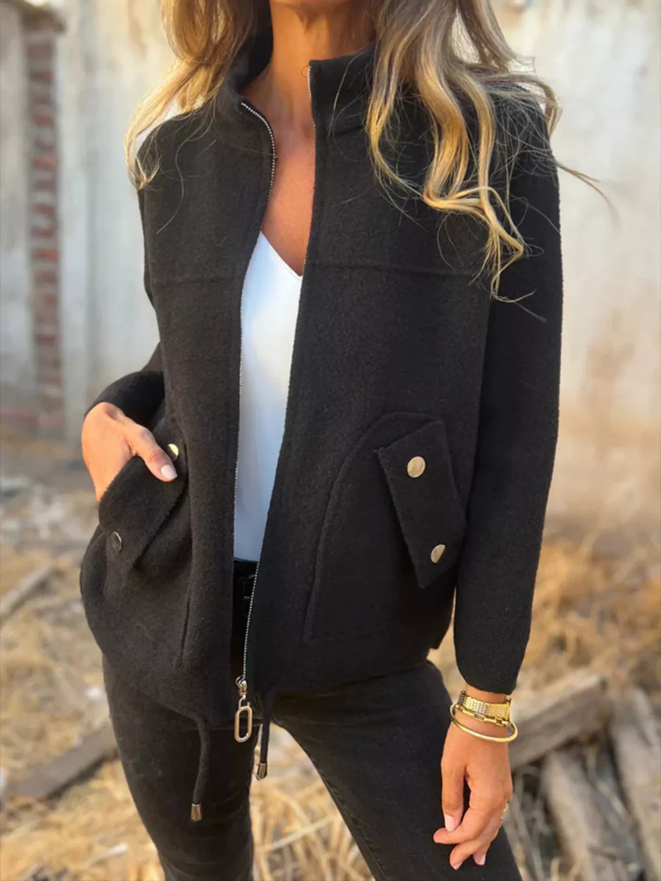 Full Size Textured Knit Zip Up Outerwear Plus Size Black Trendsi