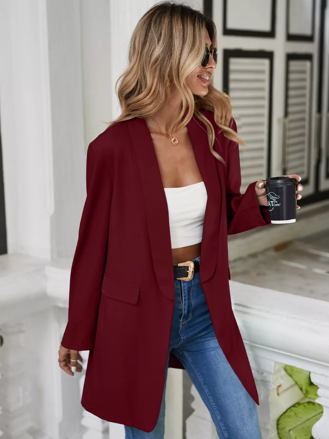 Lapel Collar Long Sleeve Blazer OutfitFlow