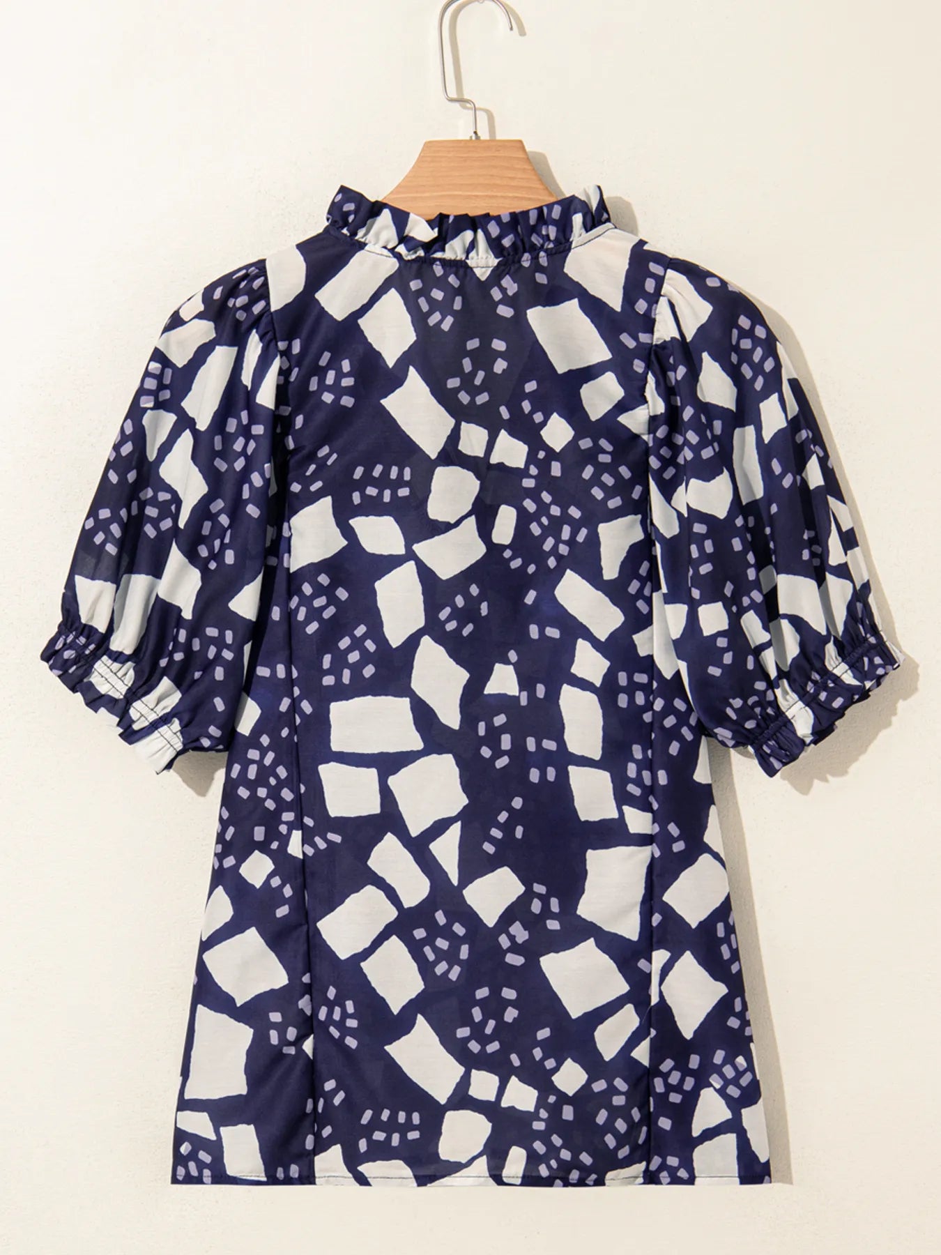 Abstract Print Frilled Puff Sleeve V Neck Blouse OutfitFlow