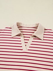 tripe Cropped Collared Drop Shoulder Pullover and Bubble Mini Skirt Set OutfitFlow